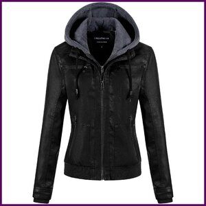 Women's Faux Leather Motorcycle Jacket with Removable Hood, Waterproof